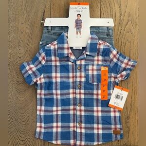 NWT Koala Kids Plaid Button Up Short Denim Set Toddler Boy 2T Blue Red 4th July